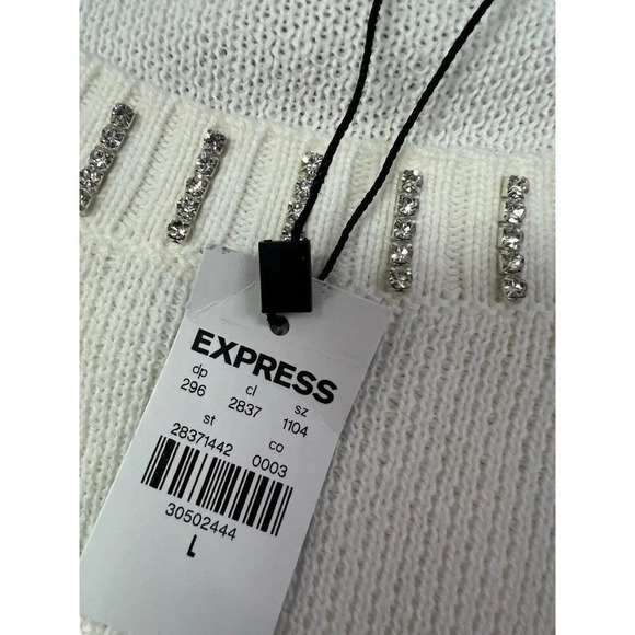 Express Sweater Ivory Rhinestone Embellished Womens L Elegant Jewel Holiday NEW - Picture 6 of 10